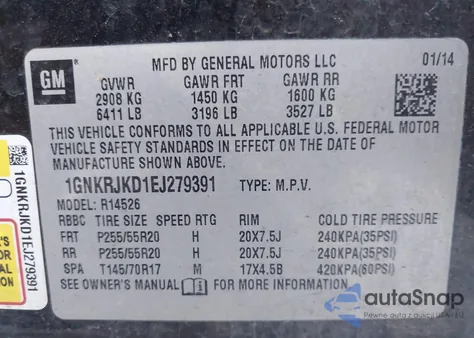 2014 Chevrolet Traverse Ltz из США, поврежденный, VIN 1GNKRJKD1EJ279391